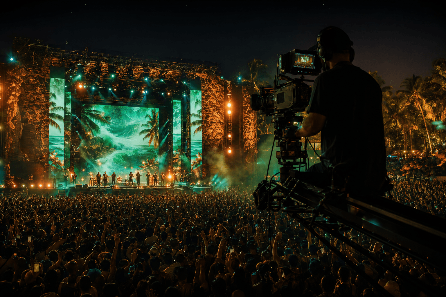 Live event production with multi-camera crew, LED video walls, and a packed audience