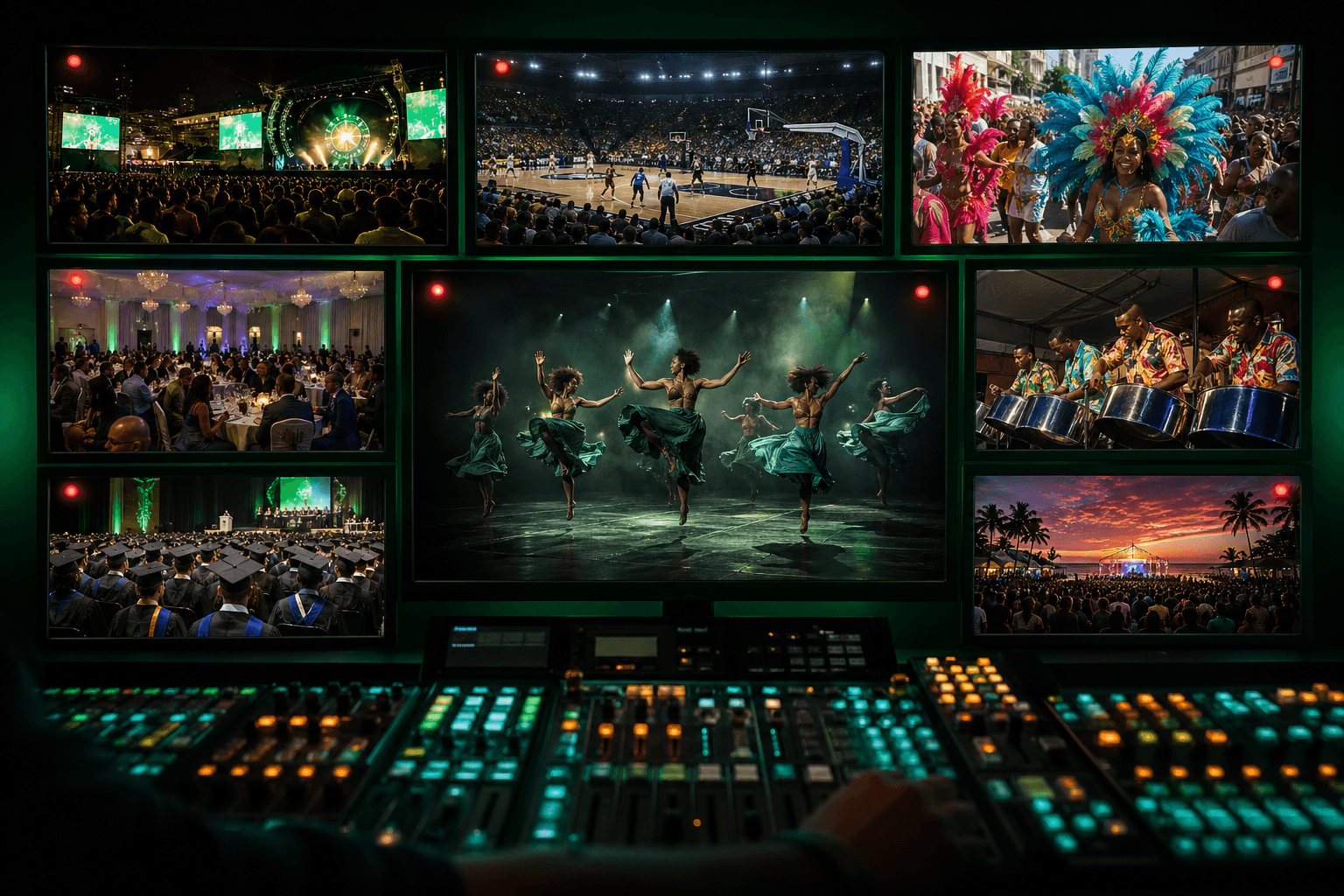 Broadcast control room with multiple live event feeds